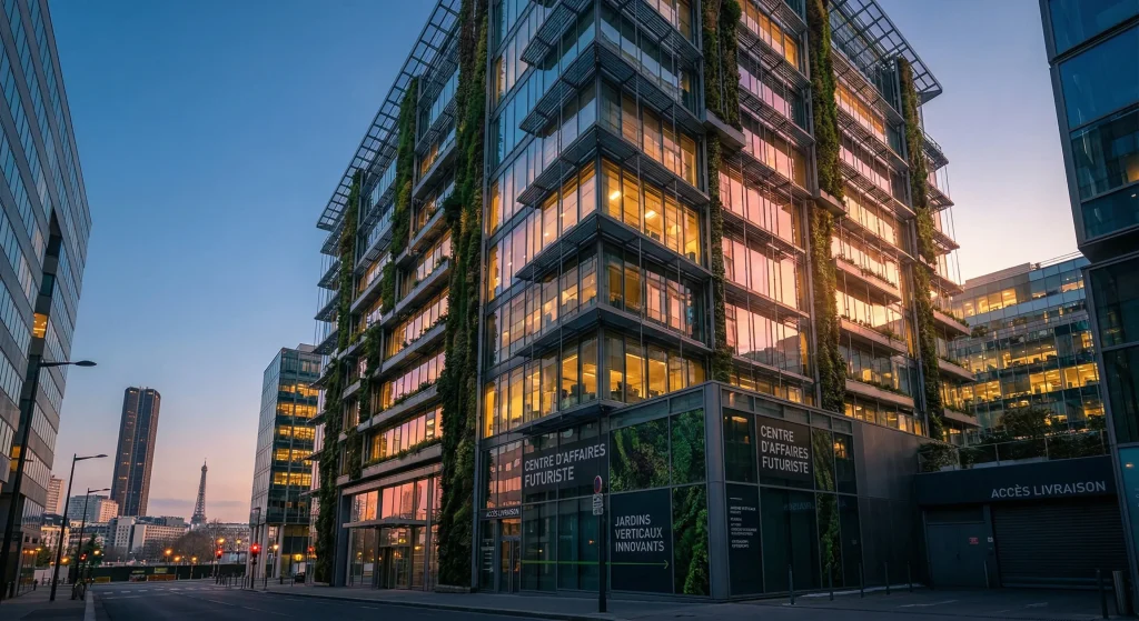 Bâtissez votre liberté financière en moins d’une heure par mois 4 Immeuble de bureaux moderne et éco-responsable au coucher du soleil, représentant un investissement en SCPI de rendement.
