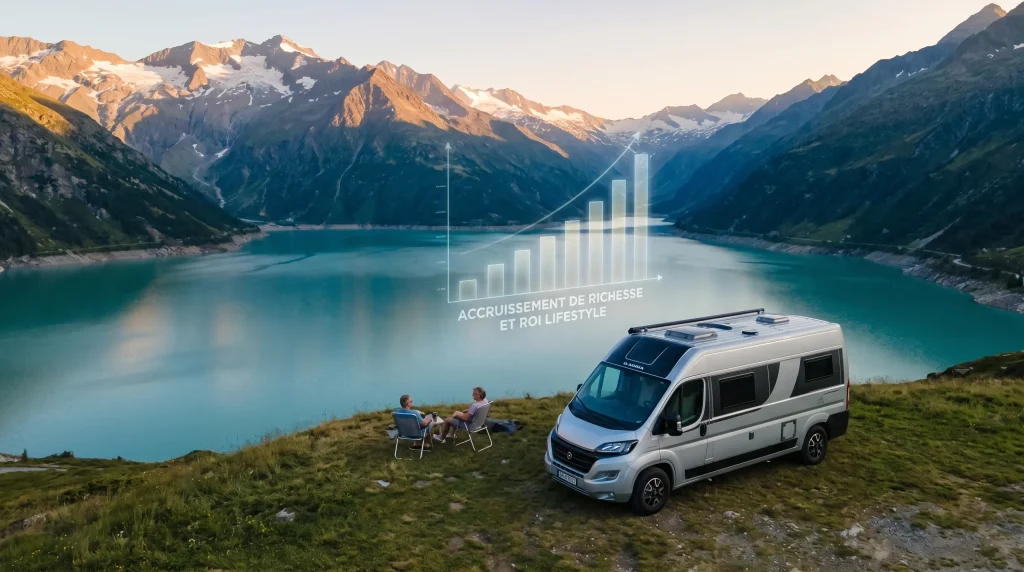 Investir dans l'Action Trigano (TRI) en 2026 : Analyse Complรจte, Valorisation et Perspectives 12 Camping-car Trigano garรฉ devant un lac alpin avec un graphique en surimpression illustrant la croissance du patrimoine.
