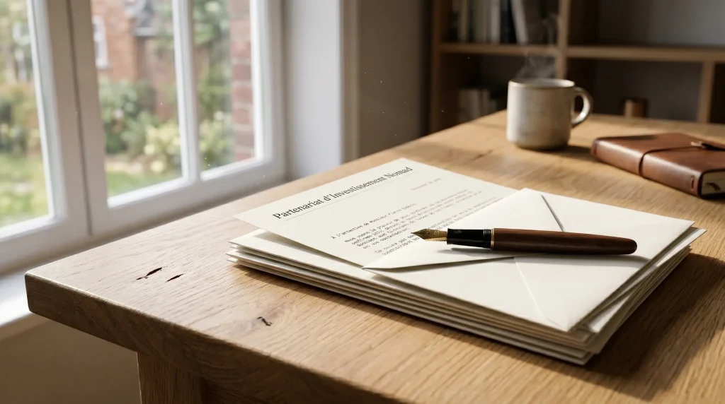 Nick Sleep : Le Génie Discret qui a Écrasé la Bourse 2 Pile de lettres et enveloppes du Nomad Investment Partnership sur un bureau en bois avec une plume.