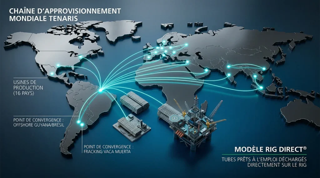 Action Tenaris (TEN) en 2026 : Analyse, Dividendes et Avis 2 Carte mondiale 3D de la chaรฎne d'approvisionnement Tenaris et points de convergence vers les plateformes offshore.