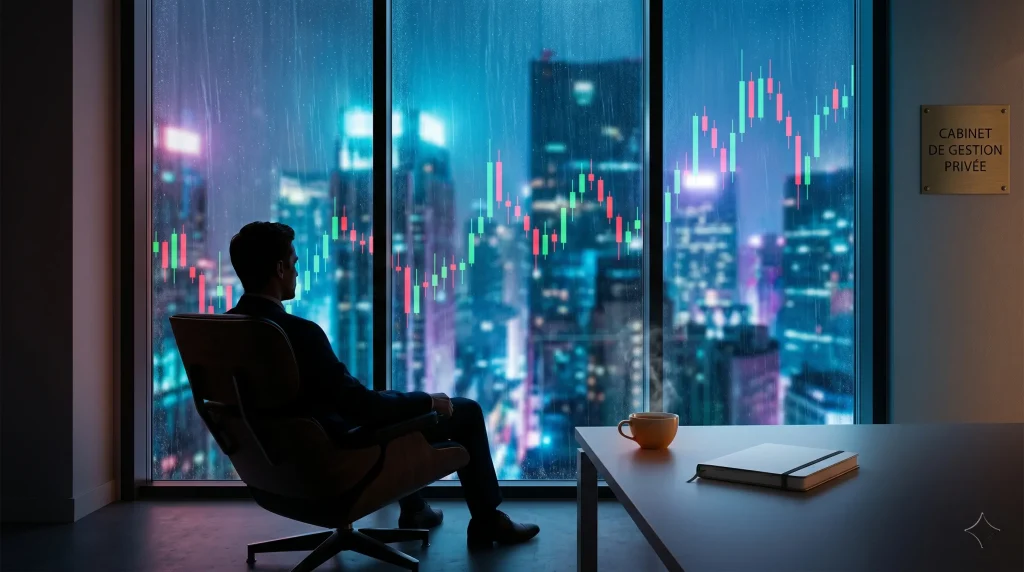 Nick Sleep : Le Génie Discret qui a Écrasé la Bourse 1 Homme calme assis devant une baie vitrée affichant des bougies de graphiques boursiers dans la nuit.