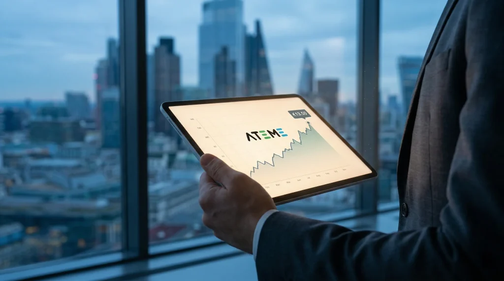 Action Ateme 2026 : Analyse, Prรฉvisions et Guide d'Investissement 12 Tablette affichant un objectif de cours de 13,50 euros pour l'action Ateme avec un graphique de croissance devant une skyline urbaine.
