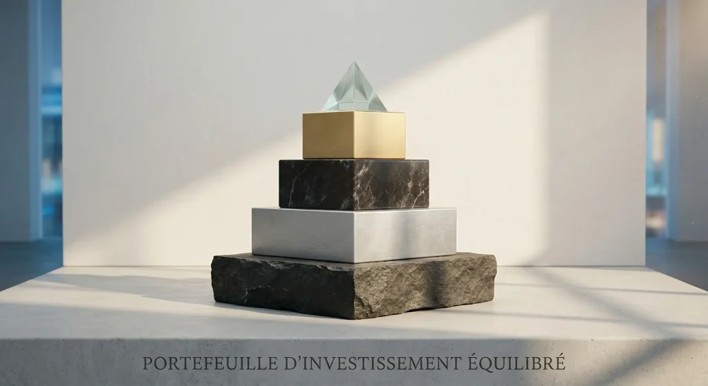 Bâtissez votre liberté financière en moins d’une heure par mois 2 Pyramide de matériaux nobles en équilibre symbolisant la structure d'un portefeuille d'investissement diversifié.
