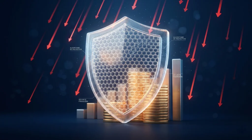 Stratรฉgie GPM 2026 : Le Guide pour Surperformer l'Investissement 60/40 3 Bouclier numรฉrique protรฉgeant des piรจces d'or contre des flรจches rouges de krach boursier.
