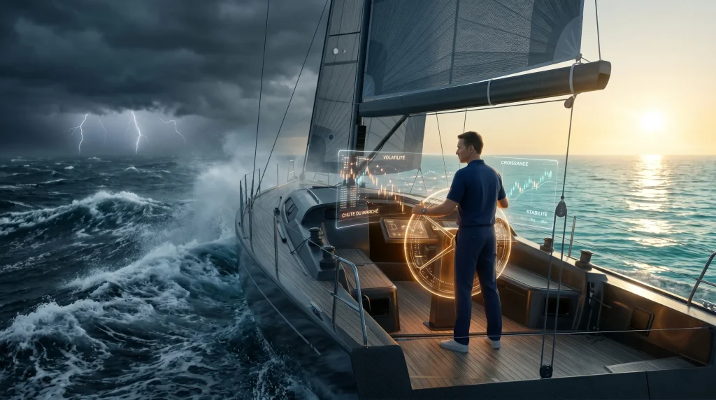 Stratรฉgie GPM 2026 : Le Guide pour Surperformer l'Investissement 60/40 1 Investisseur pilotant un voilier entre tempรชte et mer calme avec un tableau de bord holographique GPM.