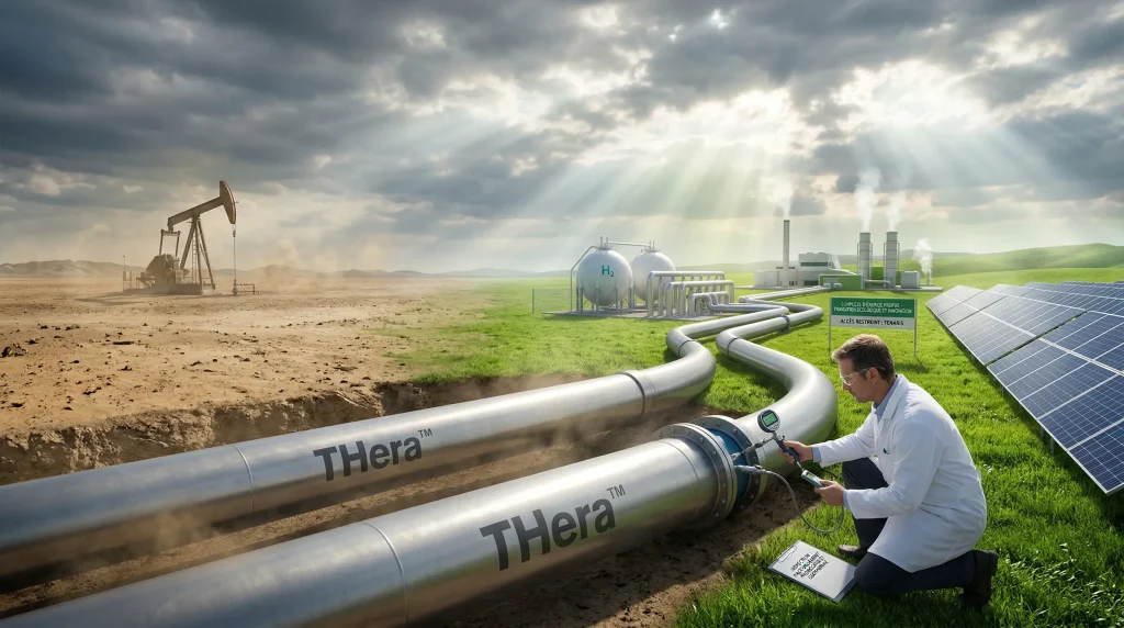Action Tenaris (TEN) en 2026 : Analyse, Dividendes et Avis 12 Infrastructures de transport d'hydrogรจne avec tubes Tenaris THera et panneaux solaires sous un ciel lumineux.
