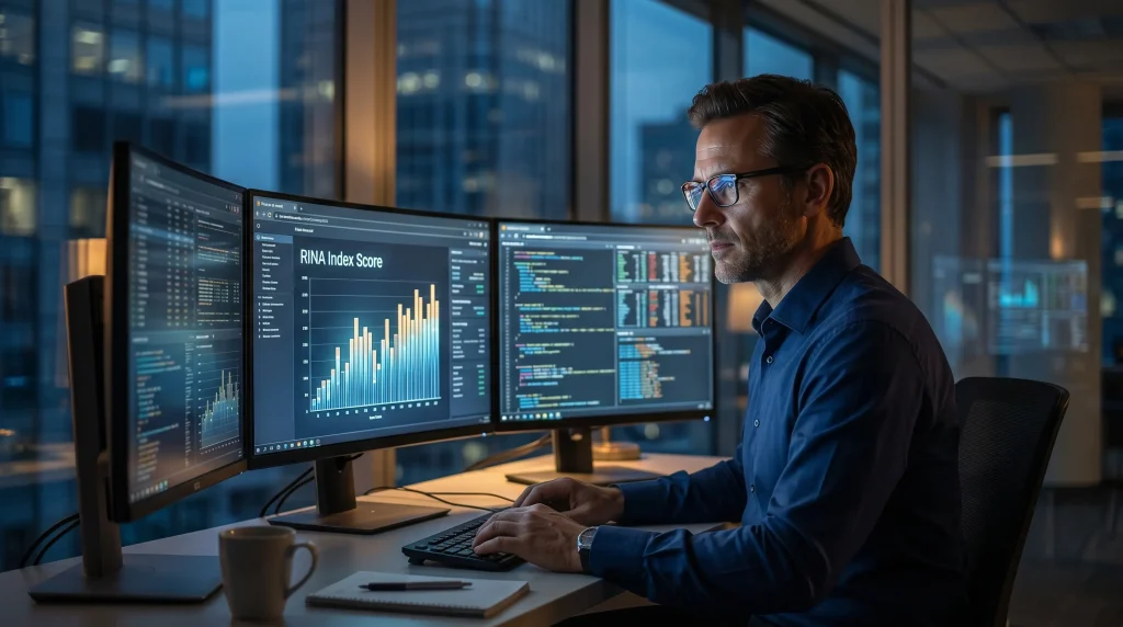 Le Guide Dรฉfinitif pour l'รvaluation des Systรจmes de Trading Algorithmique 2 Trader quantitatif analysant les performances et le score Indice RINA sur ses รฉcrans de trading.