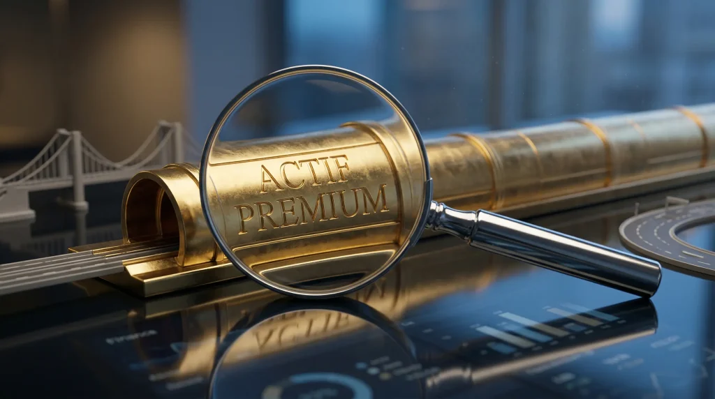 Faut-il acheter l'action Getlink (GET) en 2026 ? Analyse complรจte, Dividendes et Objectifs de cours. 6 Une loupe inspecte un objet tubulaire en or gravรฉ 'ACTIF PREMIUM' sur un bureau parsemรฉ de graphiques boursiers et d'autres maquettes d'infrastructure, pour illustrer l'analyse de valorisation de l'action Getlink.