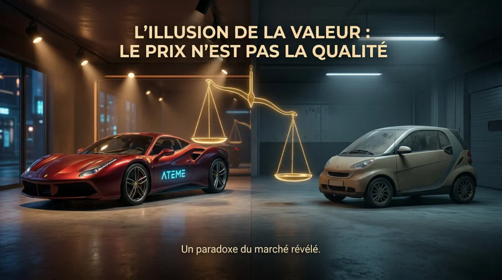 Action Ateme 2026 : Analyse, Prรฉvisions et Guide d'Investissement 7 Mรฉtaphore visuelle comparant la valeur intrinsรจque d'Ateme (Ferrari) ร son prix de marchรฉ actuel (citadine) pour illustrer une dรฉcote boursiรจre.