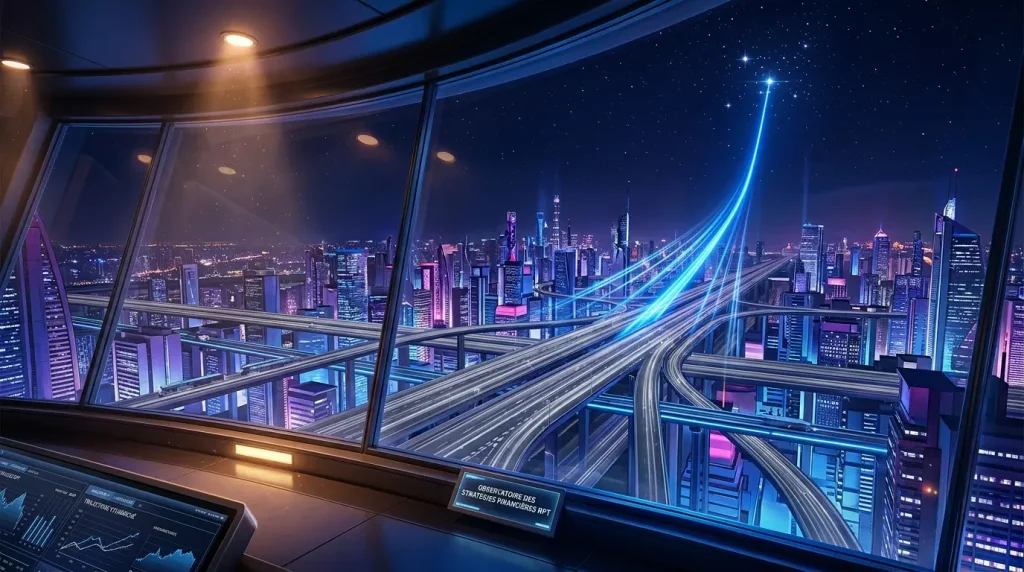 Radical Portfolio Theory (RPT) : Analyse de Performance et Backtest (2015-2024) 3 Vue futuriste de l'Observatoire des Stratรฉgies Financiรจres RPT avec une courbe de performance ascendante vers les รฉtoiles.