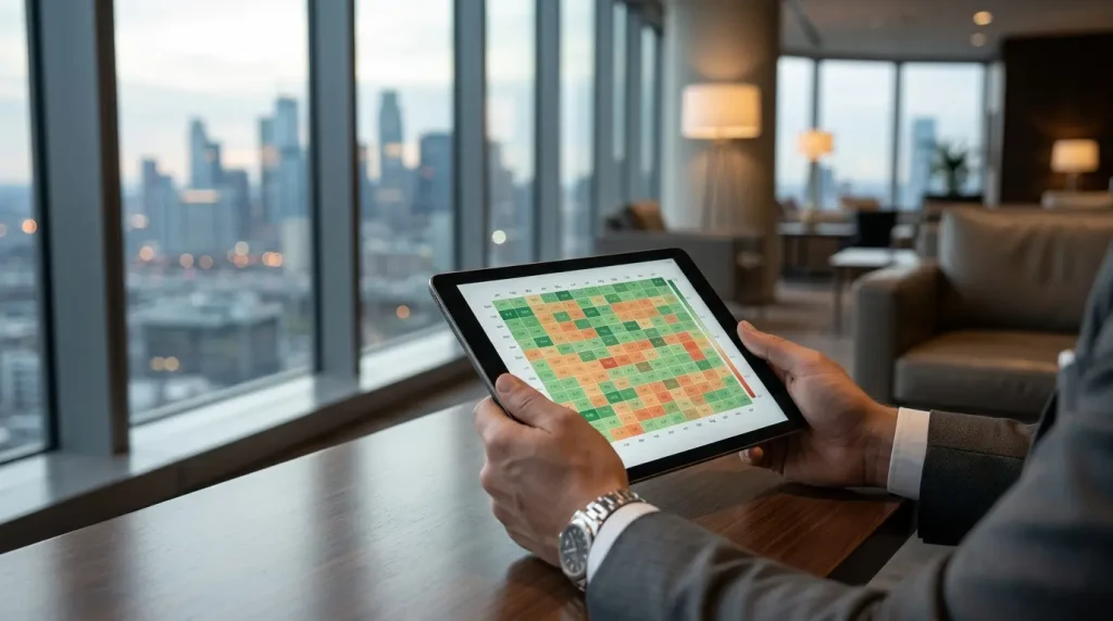 Radical Portfolio Theory (RPT) : Analyse de Performance et Backtest (2015-2024) 10 Tablette affichant une heatmap de rendements financiers mensuels (stratรฉgie RPT) tenue par un investisseur dans un bureau moderne.