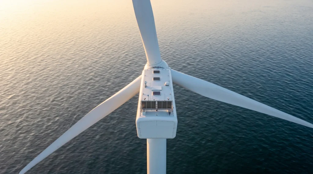 Action Vestas Wind Systems A/S : Analyse Stratรฉgique, Fondamentaux et Perspectives 2026 1 Vue aรฉrienne d'une turbine รฉolienne offshore Vestas en pleine mer, symbole de la puissance industrielle du groupe.