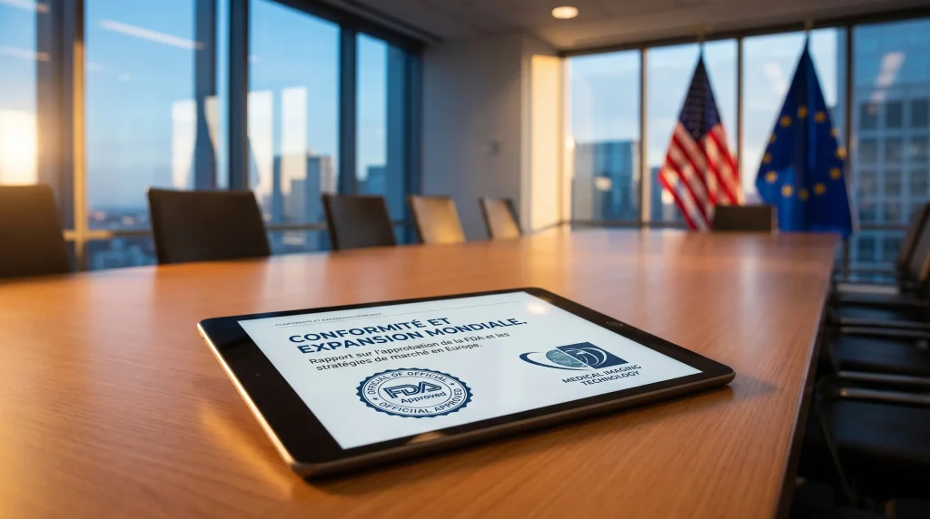 Action Median Technologies (ALMDT) : Faut-il investir en 2026 ? Analyse Fondamentale, Avancées IA et Évaluation Boursière 12 Tablette affichant le rapport de conformité FDA de Median Technologies avec drapeaux USA et UE en arrière-plan.