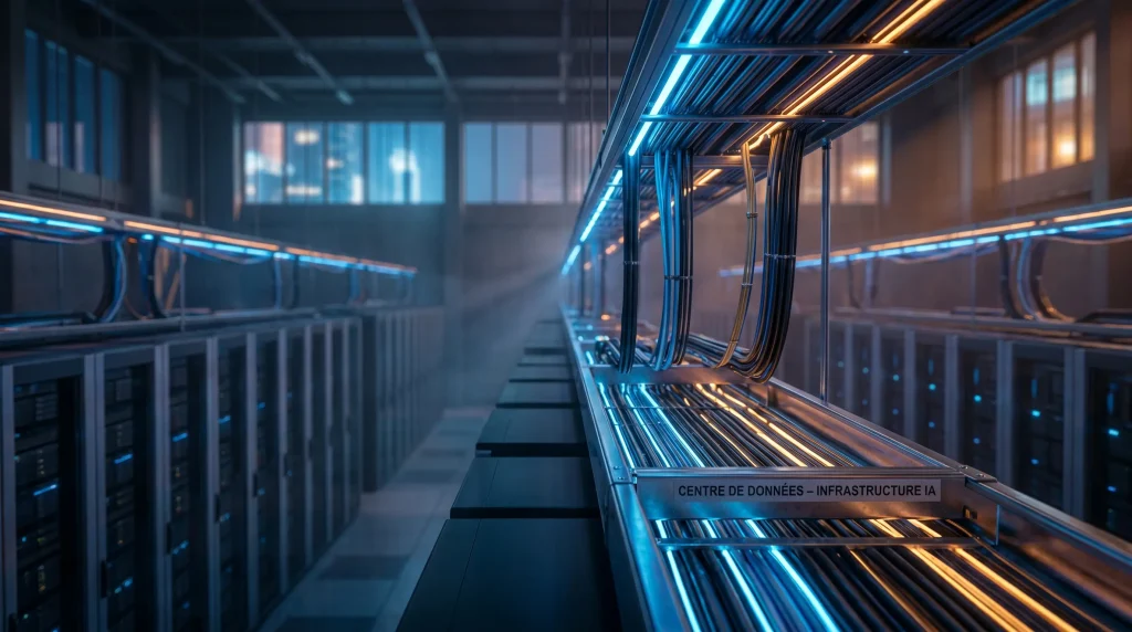 Action Nexans (NEX.PA) : Faut-il Investir en 2026 ? Analyse, Dividende et Avis 7 Intรฉrieur d'un data center moderne avec des systรจmes de cรขblage Nexans haute performance pour l'intelligence artificielle.