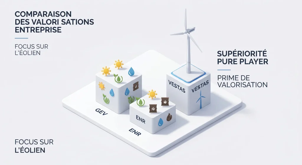 Action Vestas Wind Systems A/S : Analyse Stratรฉgique, Fondamentaux et Perspectives 2026 5 Infographie 3D comparant les valorisations boursiรจres de Vestas, GE Vernova (GEV) et Siemens Energy (ENR).
