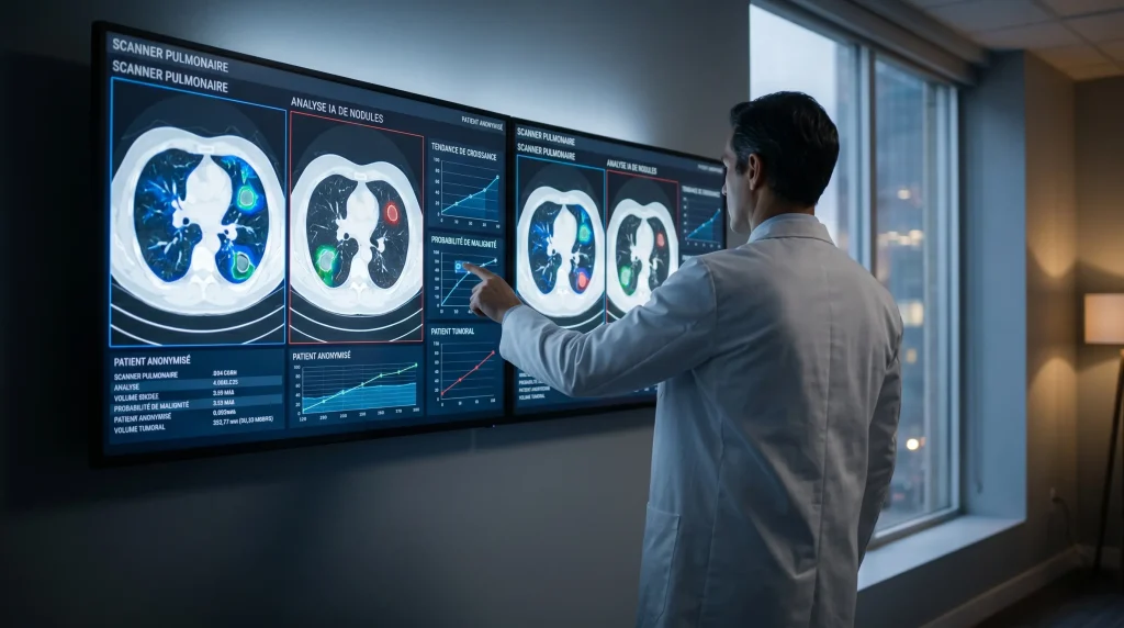 Action Median Technologies (ALMDT) : Faut-il investir en 2026 ? Analyse Fondamentale, Avancées IA et Évaluation Boursière 7 Radiologue en blouse blanche analysant des scanners pulmonaires assistés par IA sur des écrans haute définition.