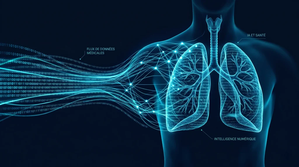 Action Median Technologies (ALMDT) : Faut-il investir en 2026 ? Analyse Fondamentale, Avancées IA et Évaluation Boursière 1 Visualisation abstraite de l'IA médicale et du flux de données numériques sur des poumons humains.