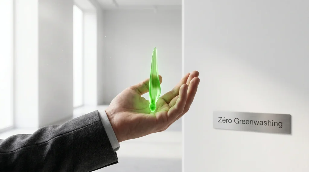Action Vestas Wind Systems A/S : Analyse Stratรฉgique, Fondamentaux et Perspectives 2026 10 Main d'un investisseur tenant une pale d'รฉolienne lumineuse miniature, symbole de la finance durable et de l'รฉthique de Vestas.