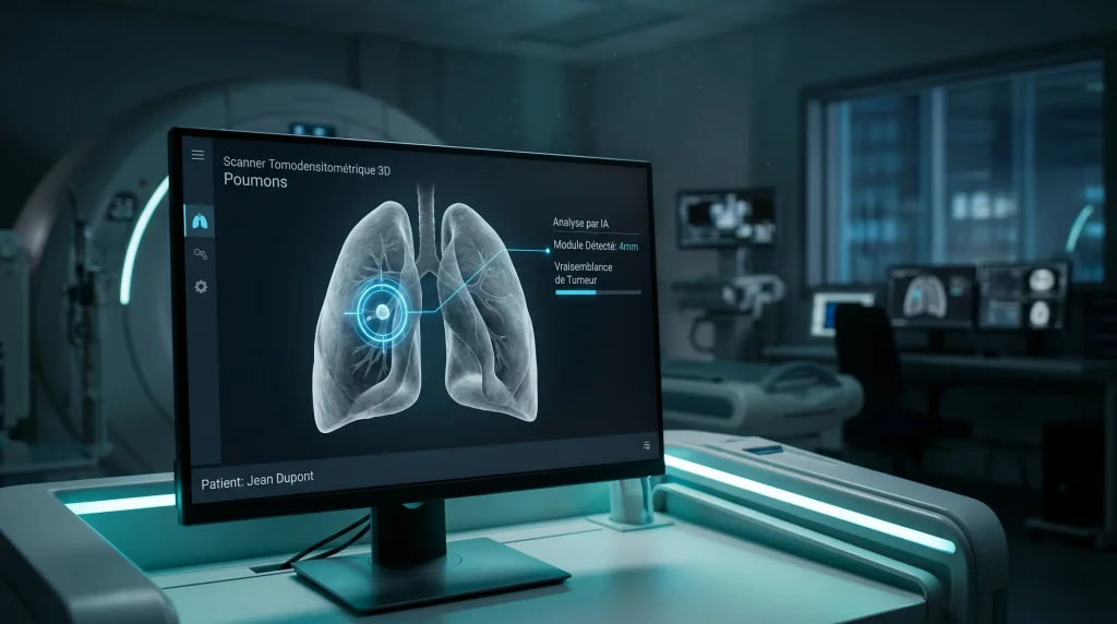 Action Median Technologies (ALMDT) : Faut-il investir en 2026 ? Analyse Fondamentale, Avancées IA et Évaluation Boursière 2 Interface de scanner 3D montrant la détection automatique d'un nodule pulmonaire par l'IA de Median Technologies.