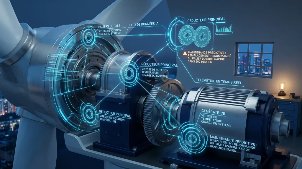 Action Vestas Wind Systems A/S : Analyse Stratรฉgique, Fondamentaux et Perspectives 2026 9 Vue en coupe technologique d'une nacelle d'รฉolienne Vestas avec des interfaces numรฉriques de maintenance prรฉdictive et flux de donnรฉes IA.
