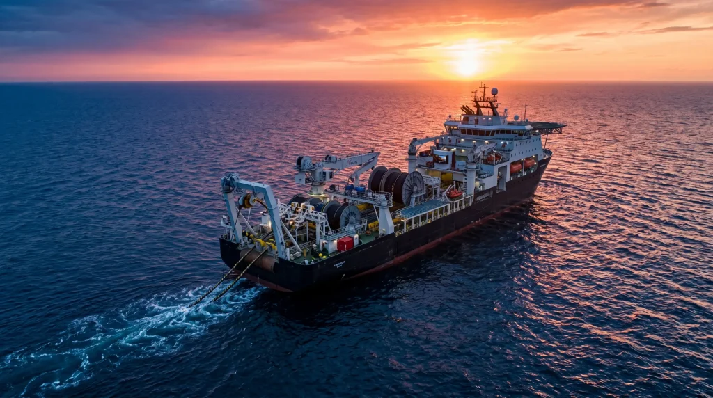 Action Nexans (NEX.PA) : Faut-il Investir en 2026 ? Analyse, Dividende et Avis 12 Le navire amiral Nexans Aurora effectuant la pose de cรขbles d'interconnexion sous-marine en haute mer au coucher du soleil.