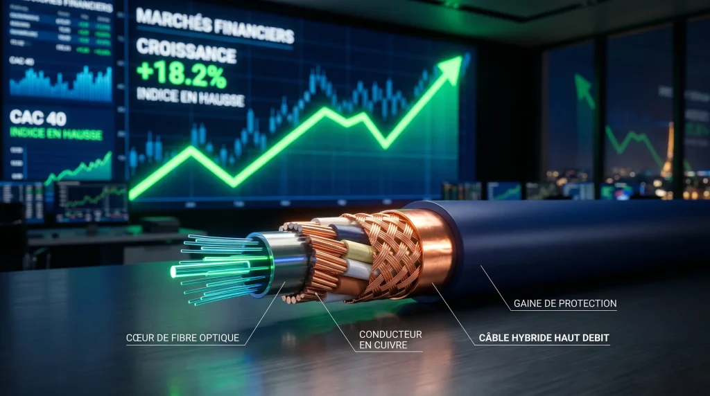 Action Nexans (NEX.PA) : Faut-il Investir en 2026 ? Analyse, Dividende et Avis 1 Coupe technique d'un cรขble hybride Nexans (cuivre et fibre optique) devant un graphique boursier en forte hausse.