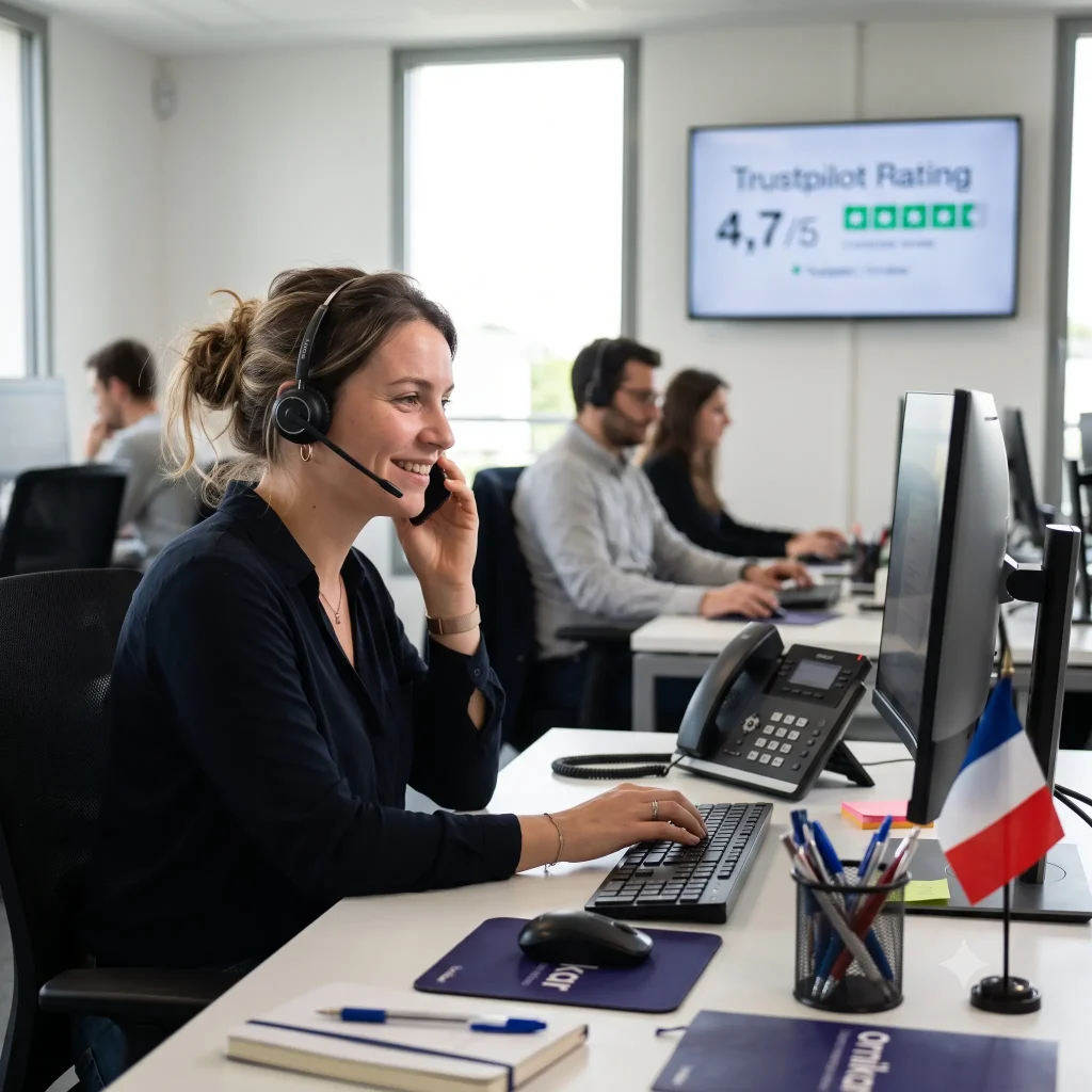 Assurance Auto Ornikar : Tarifs, Formules et Avis Clair 2 Conseillรจre du service client Ornikar au tรฉlรฉphone dans un bureau en France avec la note Trustpilot de 4,7 sur 5 en fond.