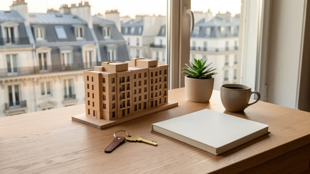 Plateformes d'investissement immobilier : comment choisir la bonne ? 1 Maquette en bois d'un immeuble de logement sur un bureau avec une clé et un carnet, devant une fenêtre donnant sur des bâtiments parisiens, illustrant le choix d'une plateforme d'investissement immobilier.