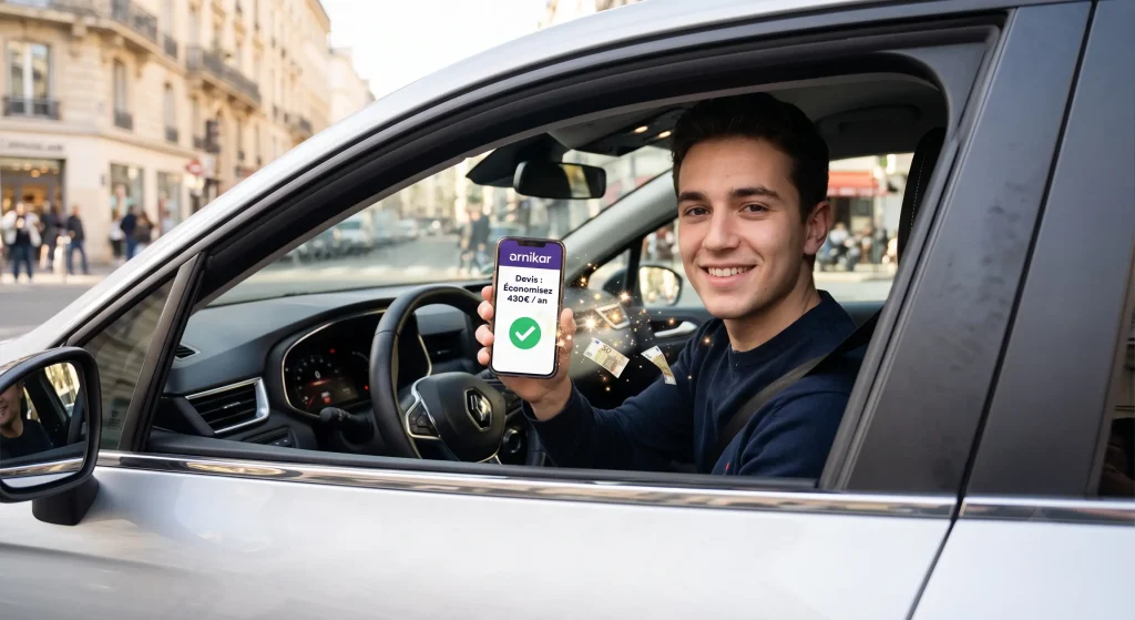 Assurance Auto Ornikar : Tarifs, Formules et Avis Clair 1 Jeune conducteur montrant un devis d'assurance auto Ornikar sur smartphone avec 430 euros d'รฉconomies.